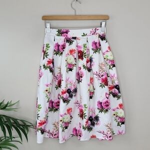 She + Sky | Pink White Floral Pleated A-line Skirt Size Small